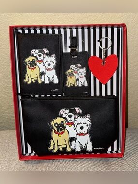 Dog Trio Black Travel Wallet, Luggage Tag & Pouch Set with Red Heart Keychain